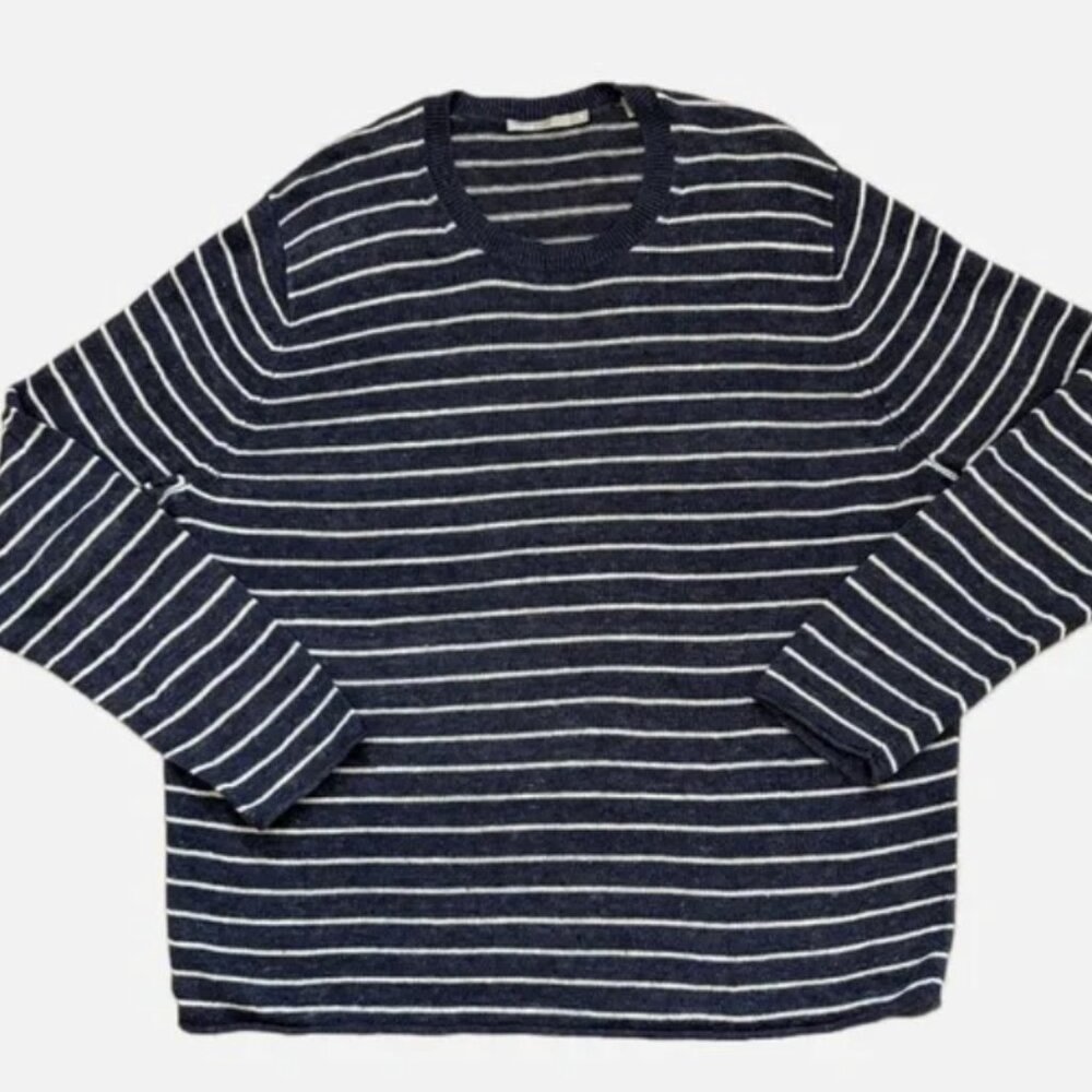 VINCE Mens Blue and White Striped Linen Crewneck Sweater
